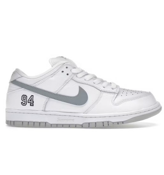 SB Dunk Low Supreme 94 White Metallic Silver